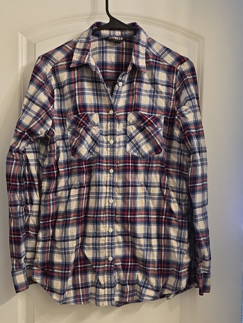Express Women’s Plaid Button-Down Shirt in White, Blue & Red